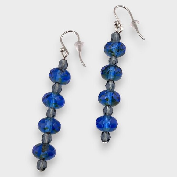 Faceted Cobalt Blue Linear Beaded Earrings Czech Glass Platinum Plated Ear Wires - Picture 1 of 8